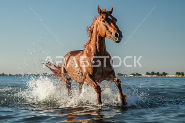 فرس عربي بني أصيل يجري في مياه البحر في وقت النهار، المناظر الطبيعية للواجهات البحرية، تربية وتدريب الخيول في المملكة العربية السعودية، الاهتمام والعناية بالحيوانات