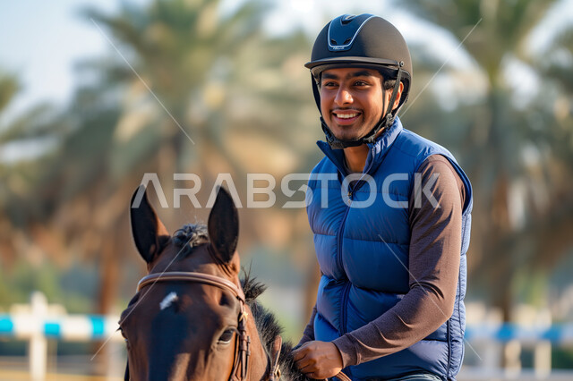 انشطة ترفيهية ممتعة, شاب عربي سعودي خليجي  يمتطي خيل عربي اصيل ويرتدي زي الفروسية, تربية الخيول في المملكة، هواية ركوب الخيل, مزرعة تدريب وترويض الخيول في السعودية ، نادي الفروسية في دول الخليج