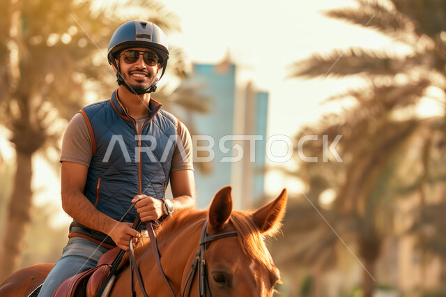 انشطة ترفيهية ممتعة, شاب عربي سعودي خليجي  يمتطي خيل عربي اصيل ويرتدي زي الفروسية, تربية الخيول في المملكة، هواية ركوب الخيل, مزرعة تدريب وترويض الخيول في السعودية ، نادي الفروسية في دول الخليج