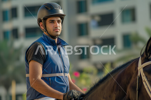 انشطة ترفيهية ممتعة, شاب عربي سعودي خليجي  يمتطي خيل عربي اصيل ويرتدي زي الفروسية, تربية الخيول في المملكة، هواية ركوب الخيل, مزرعة تدريب وترويض الخيول في السعودية ، نادي الفروسية في دول الخليج