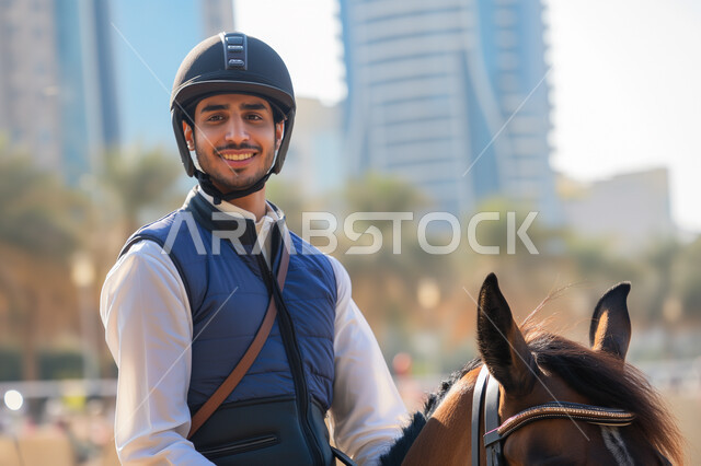 انشطة ترفيهية ممتعة, شاب عربي سعودي خليجي  يمتطي خيل عربي اصيل ويرتدي زي الفروسية, تربية الخيول في المملكة، هواية ركوب الخيل, مزرعة تدريب وترويض الخيول في السعودية ، نادي الفروسية في دول الخليج