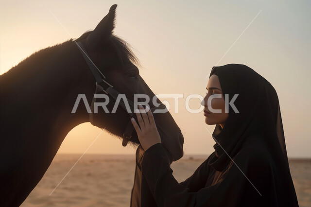 شغف واهتمام النساء بتربية ورعاية الجياد في المملكة العربية السعودية، حب الفروسية وهواية ركوب الأحصنة في الطبيعة الصحراوية، شابة عربية سعودية خليجية محجبة ترتدي العباءة تقوم بمداعبة جوادها العربي الأصيل وقت غروب الشمس، نشر حب الخيل بين أبناء الوطن السعودي.