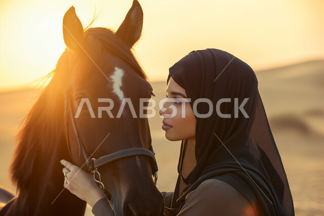 شغف واهتمام النساء بتربية ورعاية الجياد في المملكة العربية السعودية، حب الفروسية وهواية ركوب الأحصنة في الطبيعة الصحراوية، شابة عربية سعودية خليجية محجبة ترتدي العباءة تقوم بمداعبة جوادها العربي الأصيل وقت غروب الشمس، نشر حب الخيل بين أبناء الوطن السعودي.