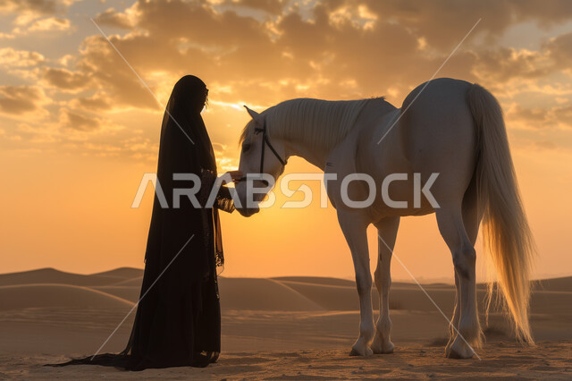 شغف واهتمام النساء بتربية ورعاية الجياد في المملكة العربية السعودية، حب الفروسية وهواية ركوب الأحصنة في الطبيعة الصحراوية، شابة عربية سعودية خليجية محجبة ترتدي العباءة تقوم بمداعبة جوادها العربي الأصيل وقت غروب الشمس، نشر حب الخيل بين أبناء الوطن السعودي.