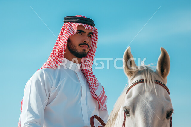 انشطة ترفيهية ممتعة, شاب عربي سعودي خليجي  يمتطي خيل عربي اصيل ويرتدي زي الفروسية, تربية الخيول في الاسطبل، هواية ركوب الخيل, مزرعة تدريب وترويض الخيول في السعودية ، نادي الفروسية 