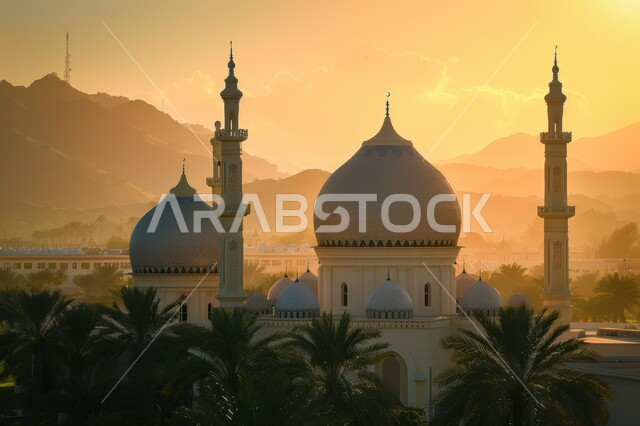 الفن الهندسي المعماري على الطراز الاسلامي لأحد القبب و المآذن وقت غروب الشمس في المملكة العربية السعودية ,الاهتمام في زراعة النباتات و أشجار النخيل الخضراء ,مفهوم العبادة و التقرب الى الله تعالى