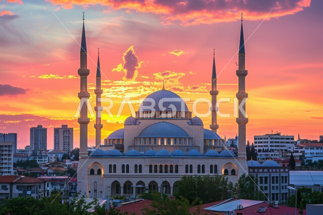 سماء ملونة وقت غروب الشمس، قبب مسجد  في المملكة العربية السعودية وسط منطقة عمرانية، طراز إسلامي في الهندسة المعمارية