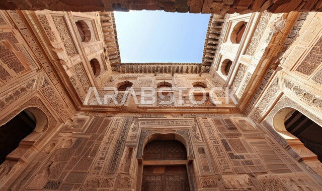 النقش والنحت المعقد على الجدران الداخلية للقصر القديم في المملكة العربية السعوديةم، فن هندسي معماري  على الطراز العربي الإسلامي، فسحة سماوية تطل على القصر من الأعلى 
