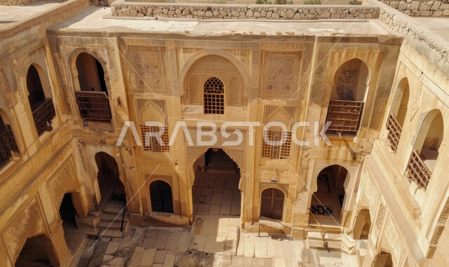 Intricate stonework in an ancient Saudi courtyard, traditional Arab heritage in the Kingdom of Saudi Arabia, abandoned urban historical monuments
