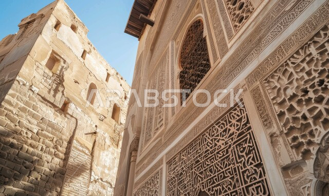 نحت حجري معقد على بناء عربي قديم، صورة مقربة لفن معماري على الطراز الإسلامي، تراث عربي تاريخي في المملكة العربية السعودية