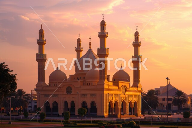 بناء معماري حضاري إسلامي،صورة ظلية لقبب مسجد وقت غروب الشمس، مفهوم دين وعبادة وصلاة ورمز ديني إسلامي