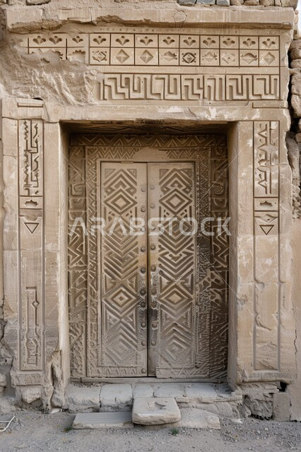 باب حجري قديم منحوت بنقوش ورسوم معقدة ، فن هندسي معماري على الطراز العربي الإسلامي، أحياء وقرى سكنية شعبية في المملكة العربية السعودية