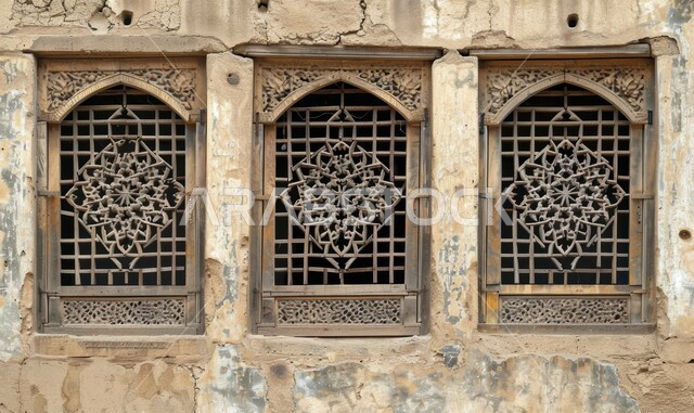 الفن الهندسي المعماري للمنازل القديمة في إحدى القرى والأحياء السكنية الشعبية في المملكة العربية السعودية، صورة مقربة للنوافذ الخشبية المنحوتة بالنقوش والزخارف التراثية، تصاميم وديكورات على الطراز الديني الاسلامي