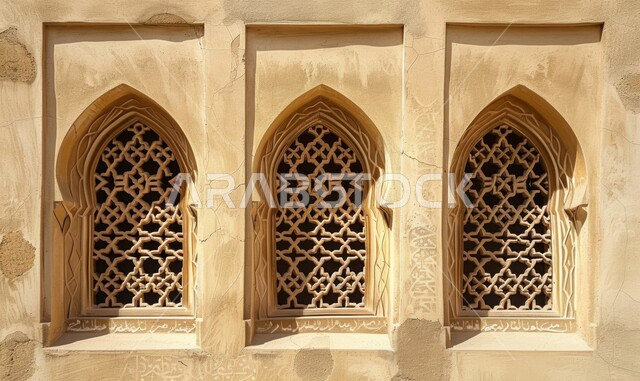 تصاميم وديكورات على الطراز الديني الاسلامي، الفن الهندسي المعماري للمنازل القديمة في إحدى القرى والأحياء السكنية الشعبية في المملكة العربية السعودية, صورة مقربة للنوافذ الخشبية المنحوتة بالنقوش والزخارف التراثية
