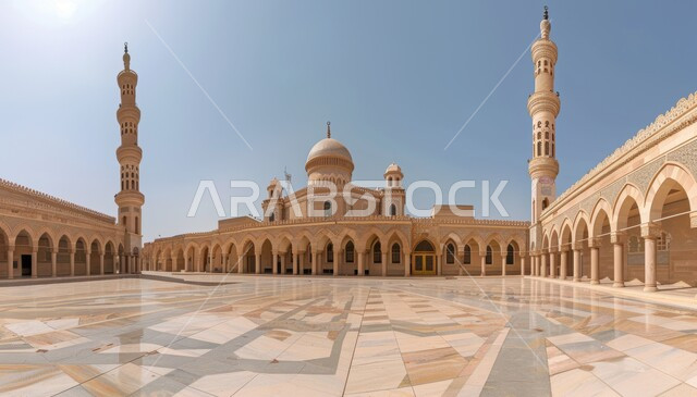 The concept of worship and drawing closer to God, the architectural engineering art of mosques in the modern style, sacred Islamic places and landmarks in the Kingdom of Saudi Arabia, the mosque courtyard during the day