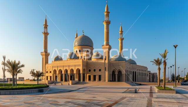 Mosque with blue domes and traditional Islamic inscriptions, worship and drawing closer to God, exterior designs and decorations in the Arab-Islamic style, the art of architecture of famous religious landmarks in the Kingdom of Saudi Arabia