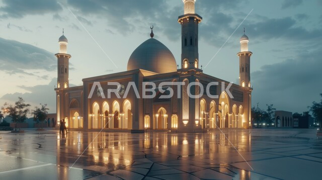 تصاميم وزخارف خارجية على الطراز العربي الإسلامي للمساجد المضيئة في وقت الليل في المملكة العربية السعودية، نداء المسلمين لأداء الفرائض الدينية و الصلوات, مفهوم العبادة والتقرب الى الله تعالى