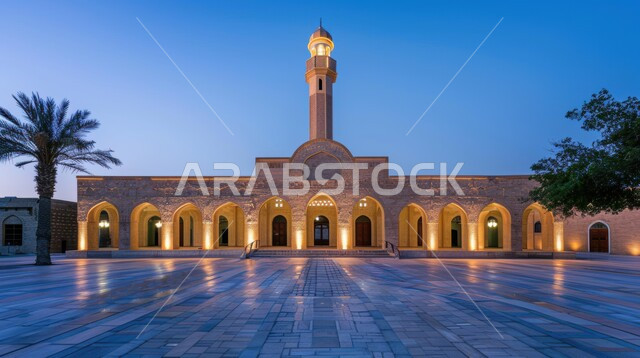 الواجهة الخارجية لأحد المساجد ليلاً، تصاميم وزخارف على الطراز العربي الإسلامي للمساجد المضيئة في المملكة العربية السعودية, مفهوم العبادة والتقرب الى الله تعالى، نداء المسلمين لأداء الفرائض الدينية و الصلوات