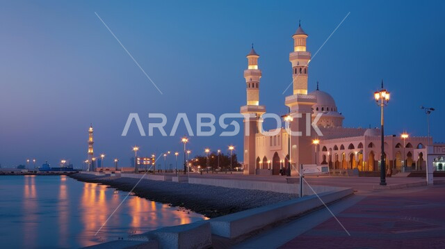 مفهوم العبادة والتقرب الى الله تعالى, الفنون الهندسية المعماري على الطراز الاسلامي لأحد المساجد المضيئة ليلا في وقت الليل في المملكة العربية السعودية, نداء المسلمين لأداء الفرائض الدينية