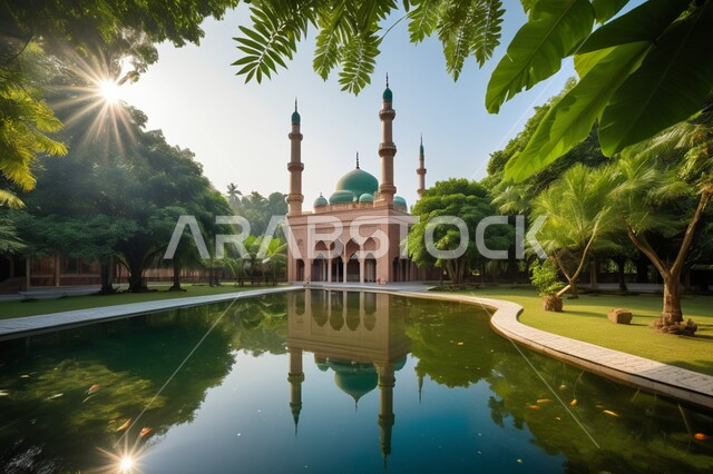 انعكاس مجسم المسجد على سطح المياه, بناء المساجد وسط المناطق الطبيعية, مناطق العبادة والتقرب إلى الله تعالى, أماكن اسلامية في المملكة العربية السعودية, الفن الهندسي المعماري على الطراز الاسلامي العريق, خلفية الطبيعة