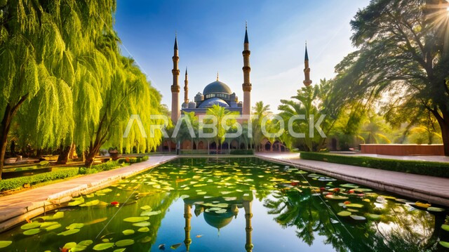 انعكاس مجسم المسجد على سطح المياه, بناء المساجد وسط المناطق الطبيعية, مناطق العبادة والتقرب إلى الله تعالى, أماكن اسلامية في المملكة العربية السعودية, الفن الهندسي المعماري على الطراز الاسلامي العريق, خلفية الطبيعة