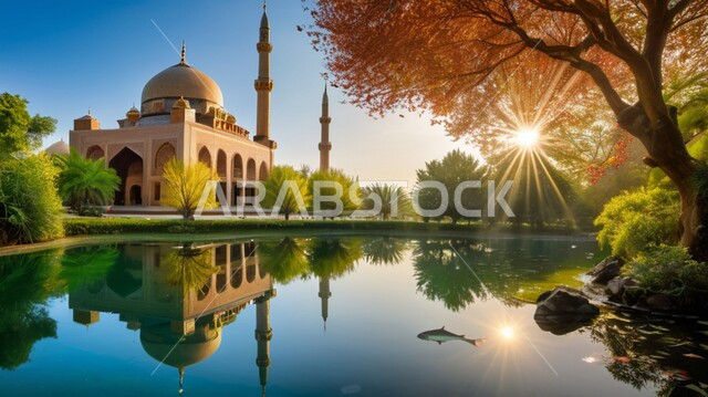 انعكاس مجسم المسجد على سطح المياه, بناء المساجد وسط المناطق الطبيعية, مناطق العبادة والتقرب إلى الله تعالى, أماكن اسلامية في المملكة العربية السعودية, الفن الهندسي المعماري على الطراز الاسلامي العريق, خلفية الطبيعة