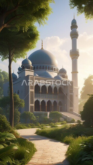 الفن الهندسي المعماري لبناء المساجد وسط الطبيعة, الِأشجار والنباتات الخضراء, نداء المسلمين لأداء العبادات والفرائض, معالم ومناطق دينية في المملكة العربية السعودية, المآذن والقبب على الطراز الاسلامي العريق,  مفهوم العبادة والتقرب إلى الله تعالى, خلفية الطبيعة