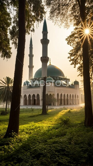 معالم ومناطق دينية في المملكة العربية السعودية, المآذن والقبب على الطراز الاسلامي العريق, الفن الهندسي المعماري لبناء المساجد وسط الطبيعة, الِأشجار والنباتات الخضراء, نداء المسلمين لأداء العبادات والفرائض, مفهوم العبادة والتقرب إلى الله تعالى, خلفية الطبيعة