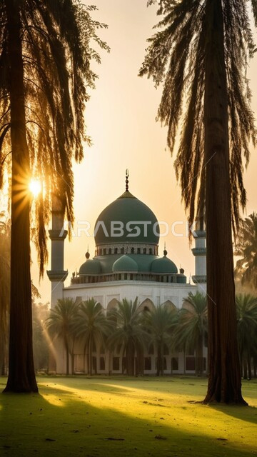 الأشجار والنباتات الخضراء المحيطة بالجامع, الهندسة المعمارية الفنية على الطراز الاسلامي, أماكن العبادة والتقرب إلى الله تعالى في المملكة العربية السعودية, مسجد مبني وسط المناطق الطبيعية, خلفية الطبيعة