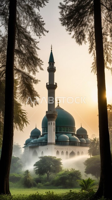 الهندسة المعمارية الفنية على الطراز الاسلامي, أماكن العبادة والتقرب إلى الله تعالى في المملكة العربية السعودية, مسجد مبني وسط المناطق الطبيعية, الأشجار والنباتات الخضراء المحيطة بالجامع, خلفية الطبيعة