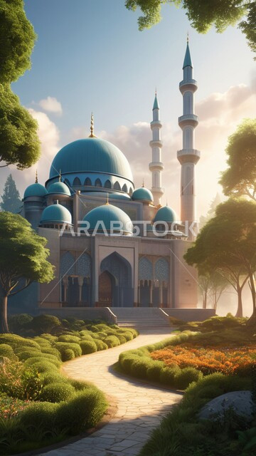 Worship, obedience and getting closer to God, Islamic decorations and designs, minarets built in the ancient style, a mosque in the middle of trees and natural places, the architectural art of building mosques in the Kingdom of Saudi Arabia, nature background