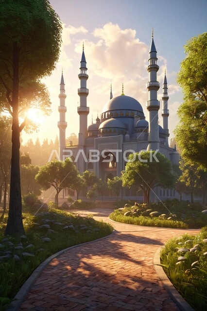 المآذن المبنية على الطراز العريق، الديكورات والتصاميم الاسلامية،  مسجد في وسط الاشجار والأماكن الطبيعية، الفن الهندسي المعماري لبناء المساجد في المملكة العربية السعودية، العبادة والطاعة والتقرب الى الله, خلفية الطبيعة