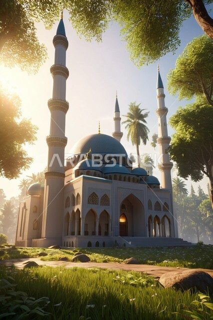 المآذن المبنية على الطراز العريق، الديكورات والتصاميم الاسلامية،  مسجد في وسط الاشجار والأماكن الطبيعية، الفن الهندسي المعماري لبناء المساجد في المملكة العربية السعودية، العبادة والطاعة والتقرب الى الله, خلفية الطبيعة