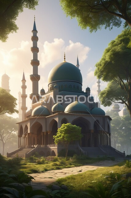 الديكورات والتصاميم الاسلامية، المآذن المبنية على الطراز العريق، مسجد في وسط الاشجار والأماكن الطبيعية، الفن الهندسي المعماري لبناء المساجد في المملكة العربية السعودية، العبادة والطاعة والتقرب الى الله, خلفية الطبيعة