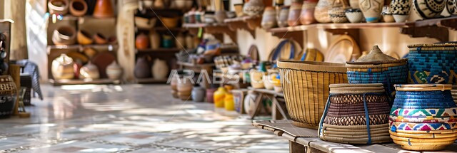A popular store selling pottery, woven baskets made of straw and wicker, areas that attract visitors from all over the world, local national handicrafts and heritage products, tourist areas in Saudi Arabia, traditional popular markets in the Kingdom