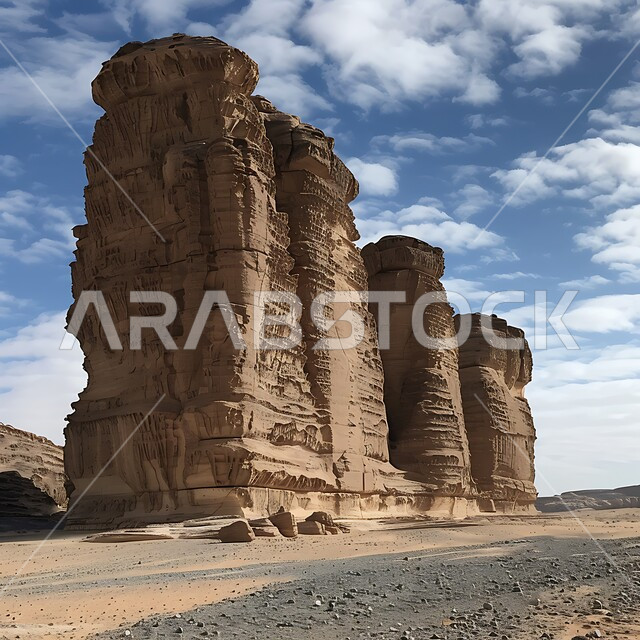 تشكيلات صخرية مهيبة من الحجر الرملي في العلا، تسيلط الضوء على الطبيعة الجافة والأهمية التاريخية للمناظر الطبيعية الصحراوية القديمة في المملكة العربية السعودية، مدن وأماكن سياحية، صخور ذات أشكال مميزة وفريدة من نوعها، تكوينات صخرية رسوبية، آثار تاريخية قديمة.