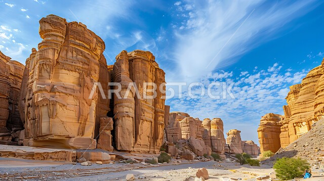 تشكيلات صخرية مهيبة من الحجر الرملي في العلا، تسيلط الضوء على الطبيعة الجافة والأهمية التاريخية للمناظر الطبيعية الصحراوية القديمة في المملكة العربية السعودية، مدن وأماكن سياحية، صخور ذات أشكال مميزة وفريدة من نوعها، تكوينات صخرية رسوبية، آثار تاريخية قديمة.