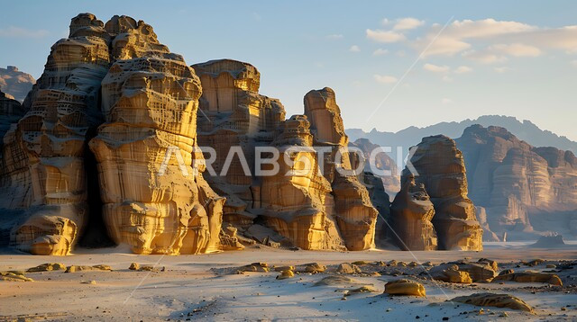 تشكيلات صخرية مهيبة من الحجر الرملي في العلا، تسيلط الضوء على الطبيعة الجافة والأهمية التاريخية للمناظر الطبيعية الصحراوية القديمة في المملكة العربية السعودية، مدن وأماكن سياحية، صخور ذات أشكال مميزة وفريدة من نوعها، تكوينات صخرية رسوبية، آثار تاريخية قديمة.