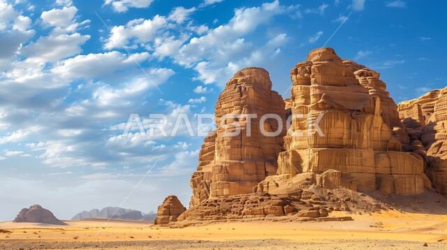 تشكيلات صخرية مهيبة من الحجر الرملي في العلا، تسيلط الضوء على الطبيعة الجافة والأهمية التاريخية للمناظر الطبيعية الصحراوية القديمة في المملكة العربية السعودية، مدن وأماكن سياحية، صخور ذات أشكال مميزة وفريدة من نوعها، تكوينات صخرية رسوبية، آثار تاريخية قديمة.