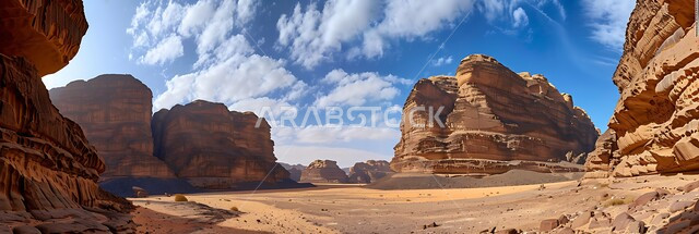 تشكيلات صخرية مهيبة من الحجر الرملي في العلا، تسيلط الضوء على الطبيعة الجافة والأهمية التاريخية للمناظر الطبيعية الصحراوية القديمة في المملكة العربية السعودية، مدن وأماكن سياحية، صخور ذات أشكال مميزة وفريدة من نوعها، تكوينات صخرية رسوبية، آثار تاريخية قديمة.