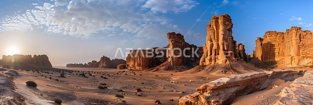 تشكيلات صخرية مهيبة من الحجر الرملي في العلا، تسيلط الضوء على الطبيعة الجافة والأهمية التاريخية للمناظر الطبيعية الصحراوية القديمة في المملكة العربية السعودية، مدن وأماكن سياحية، صخور ذات أشكال مميزة وفريدة من نوعها، تكوينات صخرية رسوبية، آثار تاريخية قديمة.