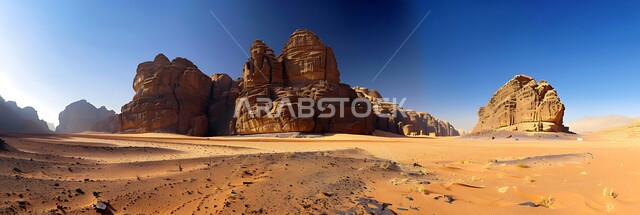 تشكيلات صخرية مهيبة من الحجر الرملي في العلا، تسيلط الضوء على الطبيعة الجافة والأهمية التاريخية للمناظر الطبيعية الصحراوية القديمة في المملكة العربية السعودية، مدن وأماكن سياحية، صخور ذات أشكال مميزة وفريدة من نوعها، تكوينات صخرية رسوبية، آثار تاريخية قديمة.