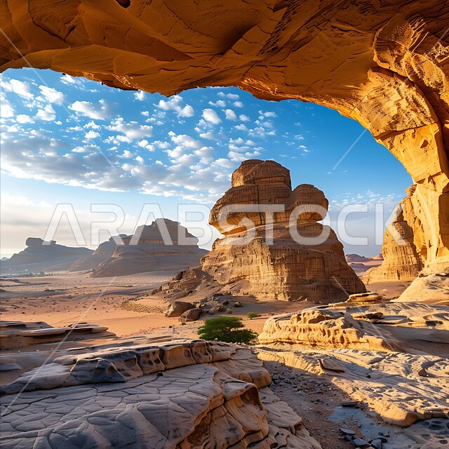 تشكيلات صخرية مهيبة من الحجر الرملي في العلا، تسيلط الضوء على الطبيعة الجافة والأهمية التاريخية للمناظر الطبيعية الصحراوية القديمة في المملكة العربية السعودية، مدن وأماكن سياحية، صخور ذات أشكال مميزة وفريدة من نوعها، تكوينات صخرية رسوبية، آثار تاريخية قديمة.