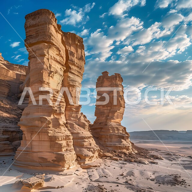 تشكيلات صخرية مهيبة من الحجر الرملي في العلا، تسيلط الضوء على الطبيعة الجافة والأهمية التاريخية للمناظر الطبيعية الصحراوية القديمة في المملكة العربية السعودية، مدن وأماكن سياحية، صخور ذات أشكال مميزة وفريدة من نوعها، تكوينات صخرية رسوبية، آثار تاريخية قديمة.