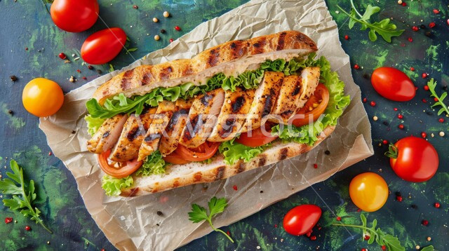 Delicious meals, top view of grilled chicken sandwich with lettuce and tomato, fast food recipes, distinctive western foods and dishes, presentation arts in restaurants in the Kingdom of Saudi Arabia, black background