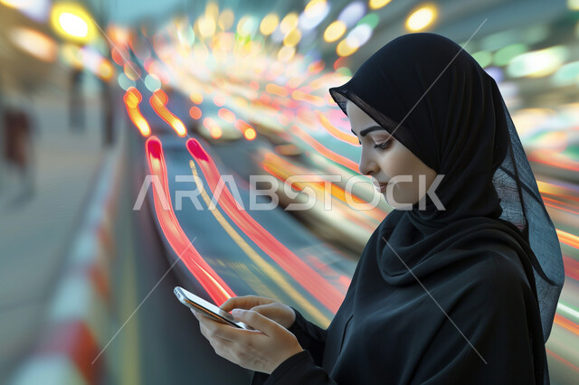 استخدام الأجهزة التقنية الحديثة ,الدردشة مع الأصدقاء و الأهل, تصفح وسائل التواصل الاجتماعي, صورة من الجانب لشابة مبتسمة عربية خليجية سعودية محجبة ترتدي عباءة سوداء تقوم باستعمال الهاتف المحمول, خلفية هولوجرمية ثلاثية الأبعاد