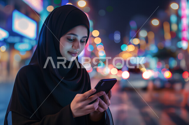 الدردشة مع الأصدقاء و الأهل, تصفح وسائل التواصل الاجتماعي, استخدام الأجهزة التقنية الحديثة, صورة من الجانب لشابة مبتسمة عربية خليجية سعودية محجبة ترتدي عباءة سوداء تقوم باستعمال الهاتف المحمول, خلفية هولوجرمية ثلاثية الأبعاد