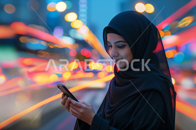 Browsing social media, chatting with friends and family, using modern technology devices, side view of smiling young Saudi Arabian Gulf veiled woman wearing black abaya using mobile phone, 3D holographic background