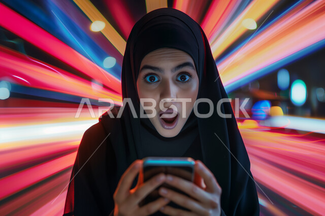 النظر إلى الكاميرا بإيماءات التعجب و الذهول, استخدام الأجهزة التقنية الحديثة, التطور و التقدم التكنولوجي و التقني, شابة عربية خليجية سعودية محجبة ترتدي عباءة سوداء تقوم باستعمال الهاتف المحمول, خلفية هولوجرمية ثلاثية الأبعاد