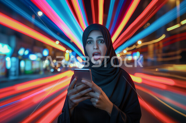 Technological and technical development and progress, looking at the camera with gestures of astonishment and amazement, using modern technical devices, a veiled young Saudi Gulf Arab woman wearing a black abaya using a mobile phone, 3D holographic background